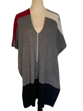 Label + Thread Colorblock V-Neck Knit Poncho Sweater - Gray, Black & Red